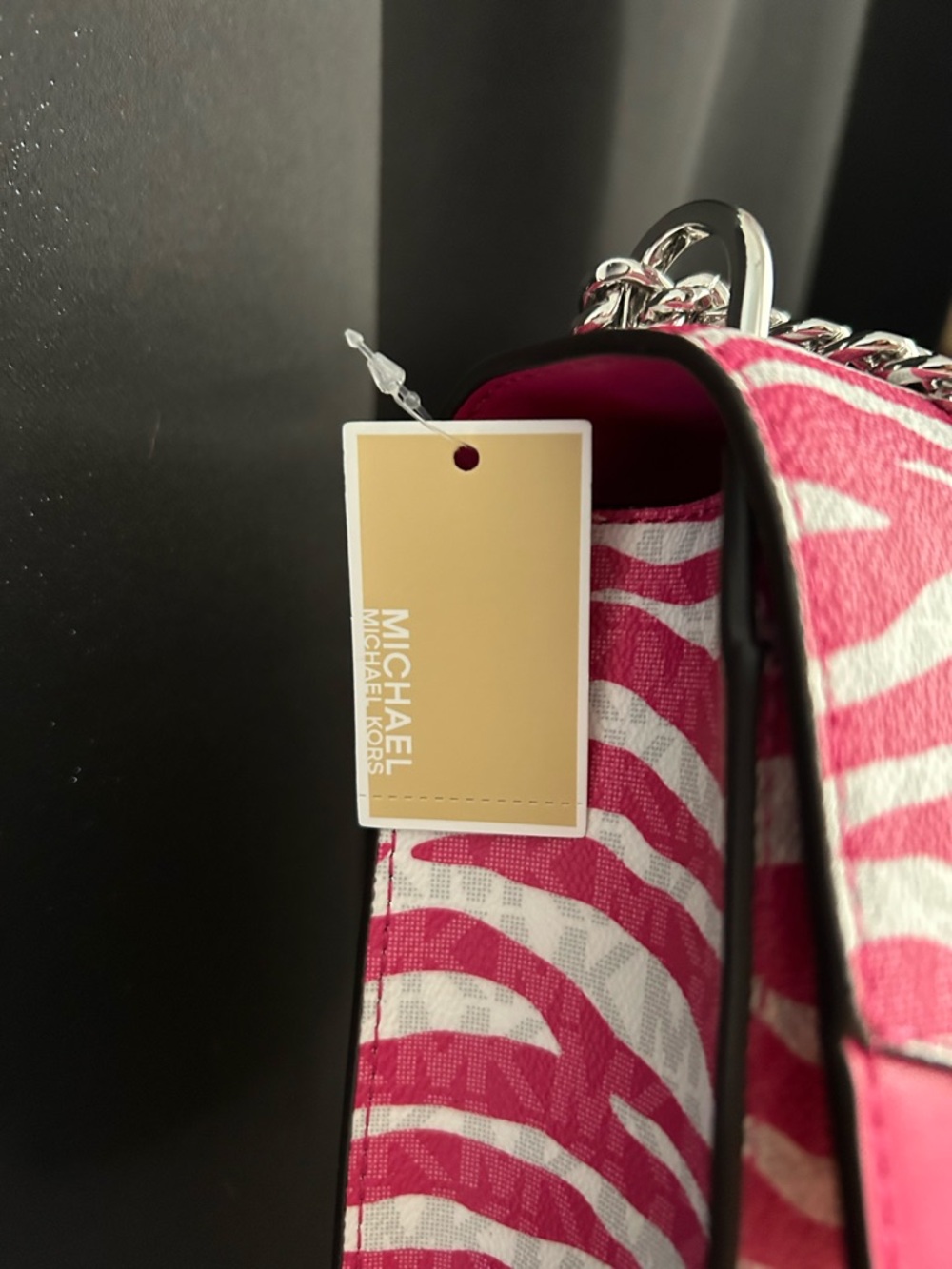 NWT $498 Michael Kors Pink GREENWICH Zebra-Print Leather MK LOGO Crossbody - Picture 8 of 11